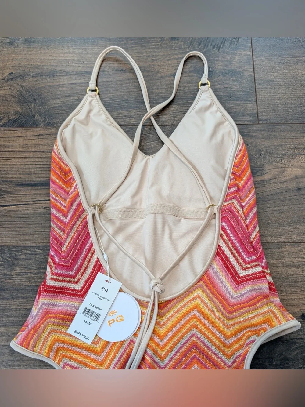PQ Swim Women’s Margot One Piece Chevron Pink Orange Metallic Knit NWT Size Med